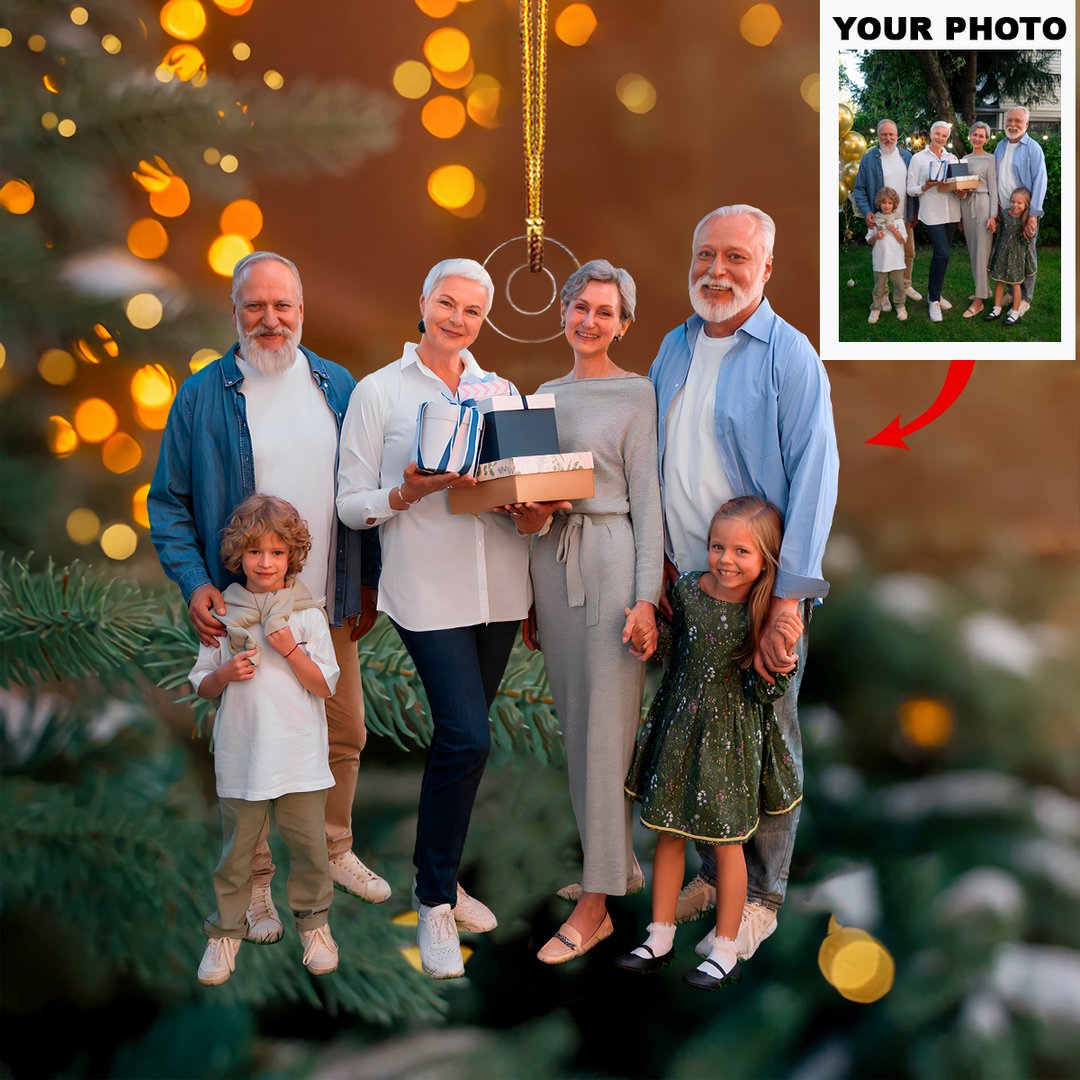 Family Celebration with Gifts - Personalized Photo Mica Ornament - Christmas Gift For Family Members