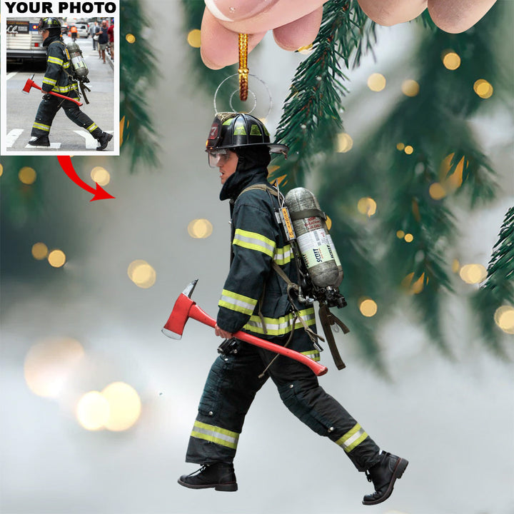 Brave Firefighter - Personalized Photo Mica Ornament - Christmas Gift For Firefighters, Family Members