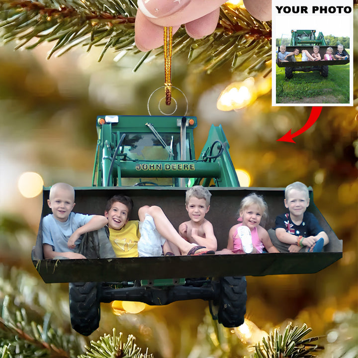 Kids on Tractor Bucket - Personalized Photo Mica Ornament - Christmas Gift For Family Members, Farmers