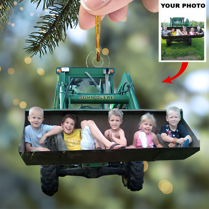 Kids on Tractor Bucket - Personalized Photo Mica Ornament - Christmas Gift For Family Members, Farmers