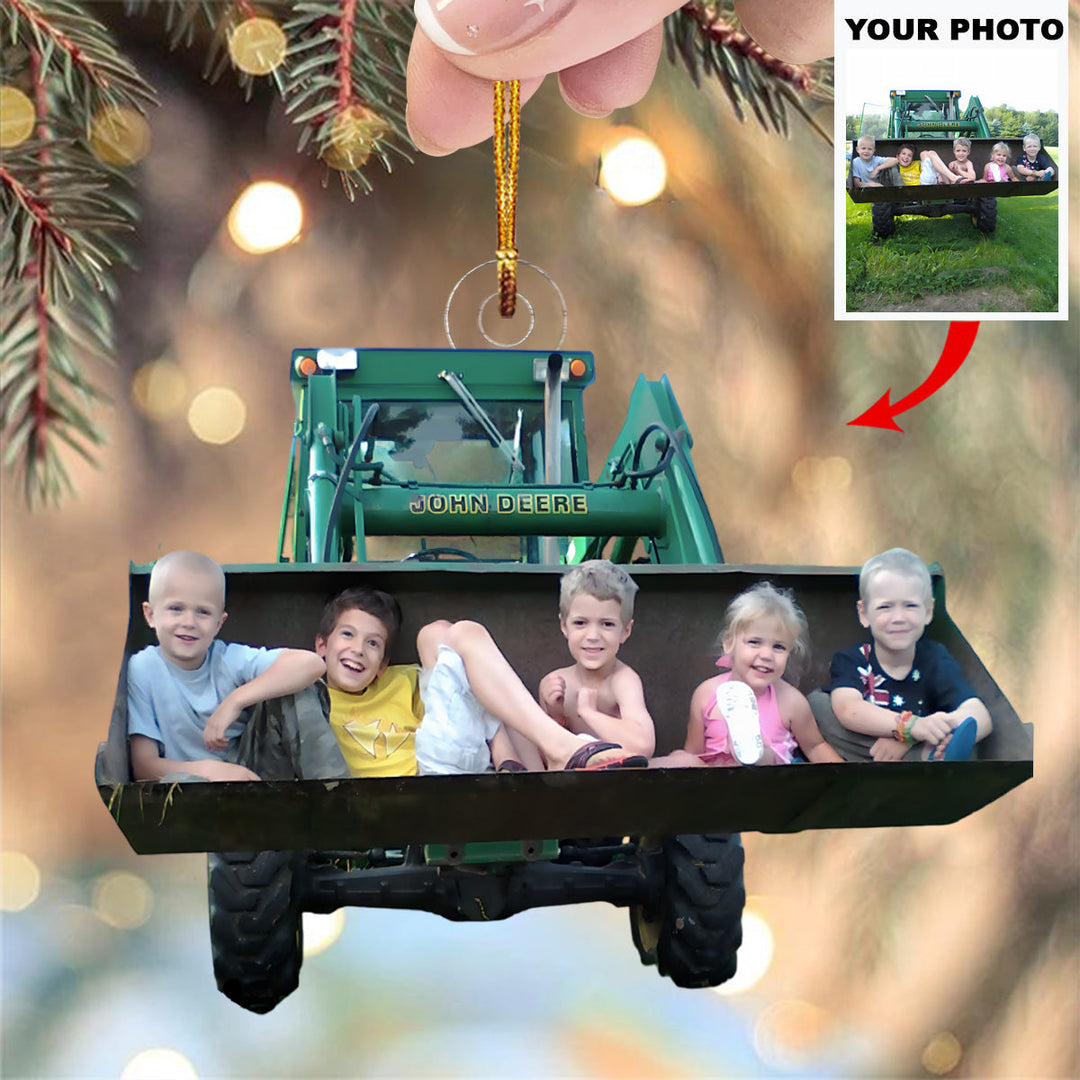 Kids on Tractor Bucket - Personalized Photo Mica Ornament - Christmas Gift For Family Members, Farmers