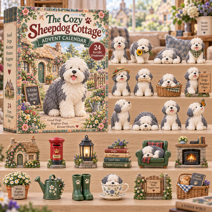 CHRISTMAS KICKOFF 40% OFF - The Cozy Sheepdog Cottage Advent Calendar 2026 - 24-Day Festive Countdown, Acrylic Charms Blind Box - Gift For Old English Sheepdog Lovers AC0TH372