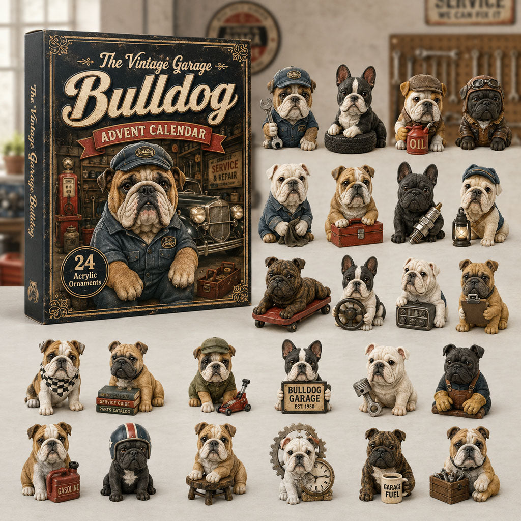 CHRISTMAS KICKOFF 40% OFF - The Vintage Garage Bulldog Advent Calendar 2026 - 24-Day Festive Countdown, Acrylic Charms Blind Box - Gift For Bulldog Lovers AC0TH086