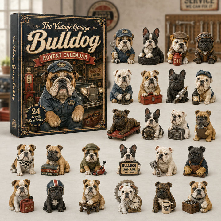 CHRISTMAS KICKOFF 40% OFF - The Vintage Garage Bulldog Advent Calendar 2026 - 24-Day Festive Countdown, Acrylic Charms Blind Box - Gift For Bulldog Lovers AC0TH086