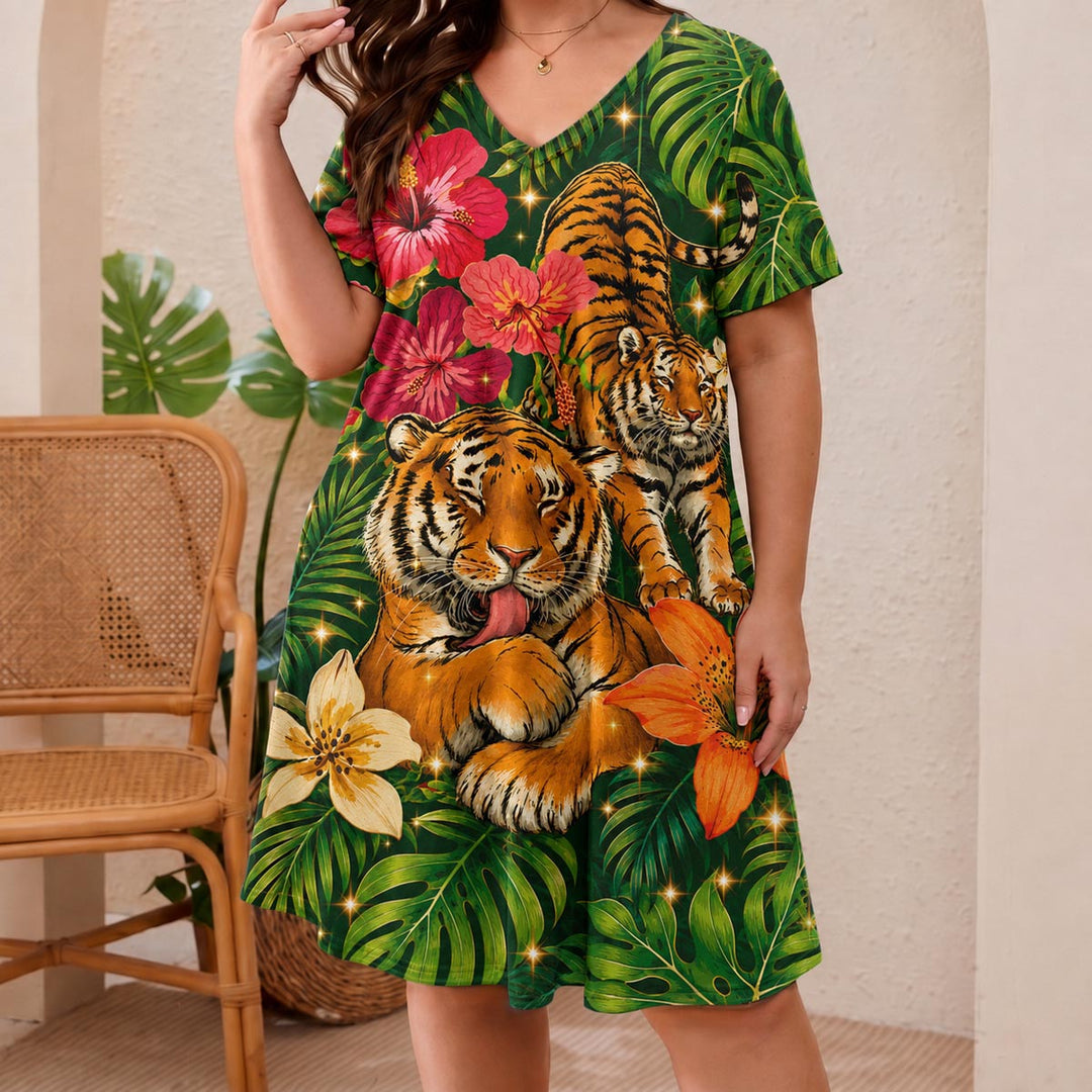 Tiger Grace Short Sleeve V Neck Midi Dress NCU0DV152