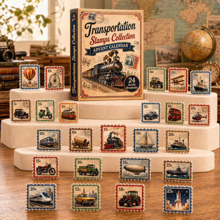 CHRISTMAS KICKOFF 40% OFF - Transportation Stamps Collection Advent Calendar 2026 - 24-Day Festive Countdown, Acrylic Charms Blind Box - Gift For Stamp Lovers AC0TH228