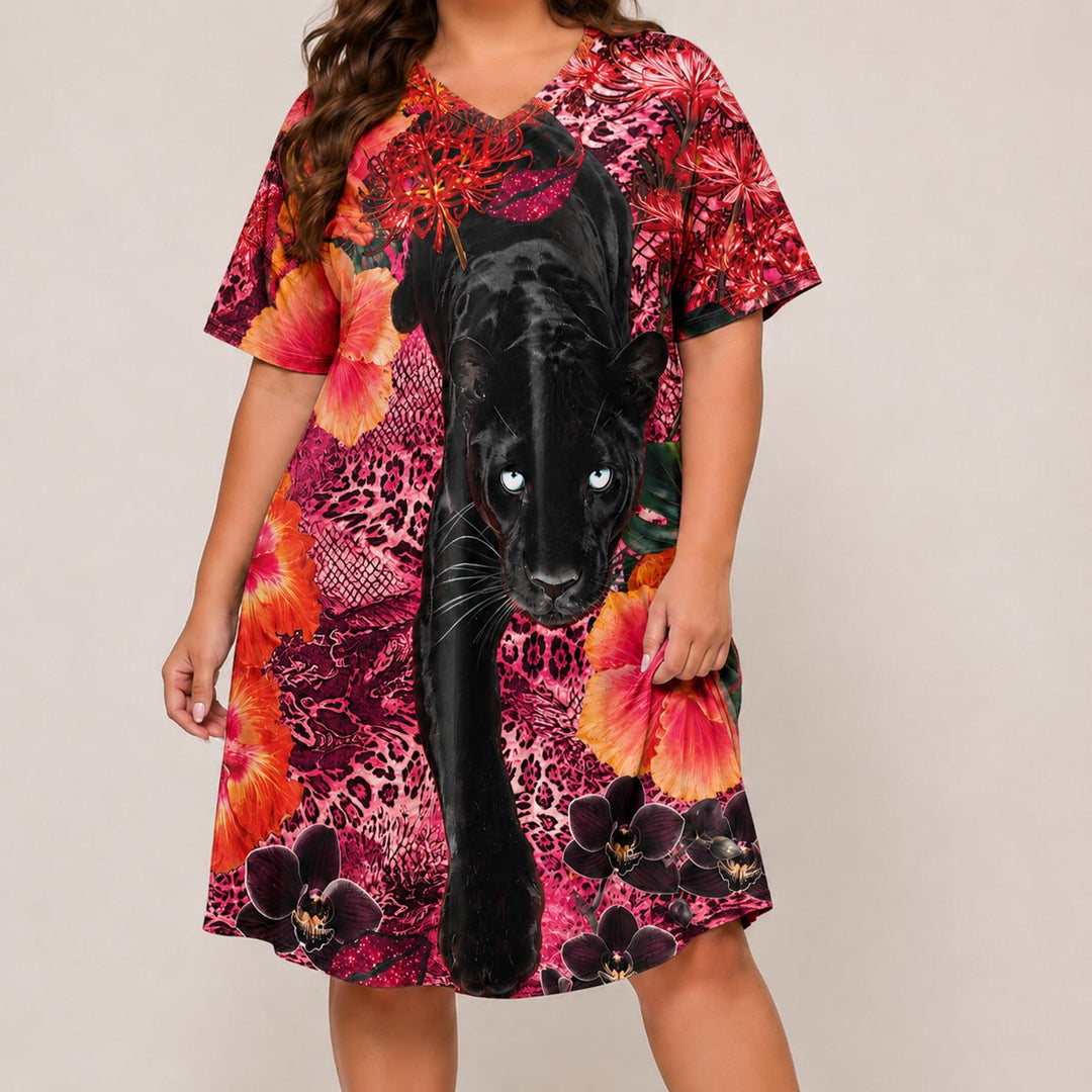 Tropical Queen Panther Short Sleeve V Neck Midi Dress NCU0DV158