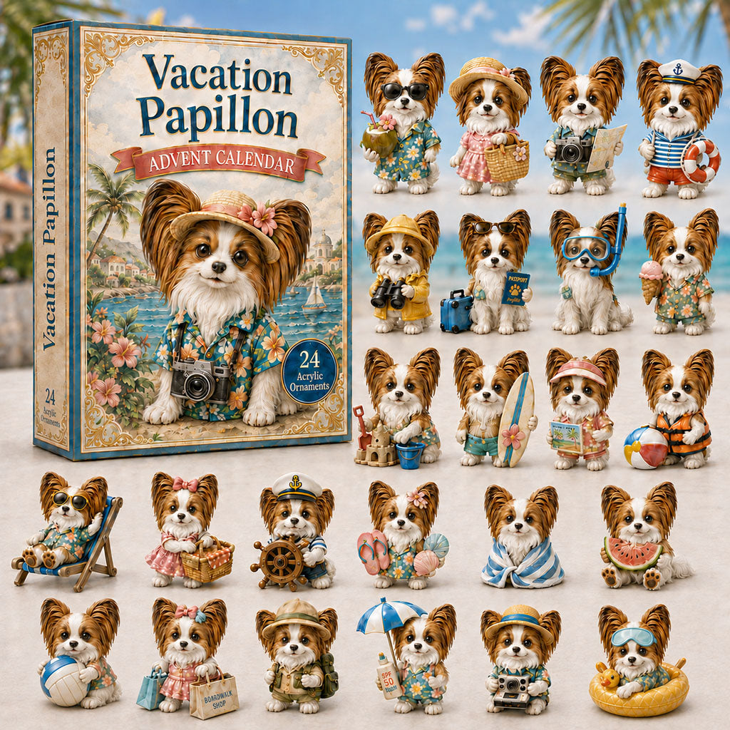 CHRISTMAS KICKOFF 40% OFF - Vacation Papillon Advent Calendar 2026 - 24-Day Festive Countdown, Acrylic Charms Blind Box - Gift For Papillon Lovers AC0NT025