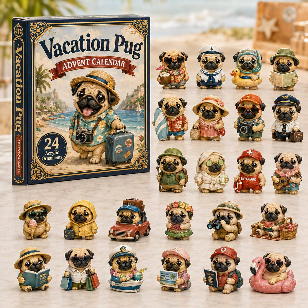 CHRISTMAS KICKOFF 40% OFF - Vacation Pug Advent Calendar 2026 - 24-Day Festive Countdown, Acrylic Charms Blind Box - Gift For Dog Lovers
