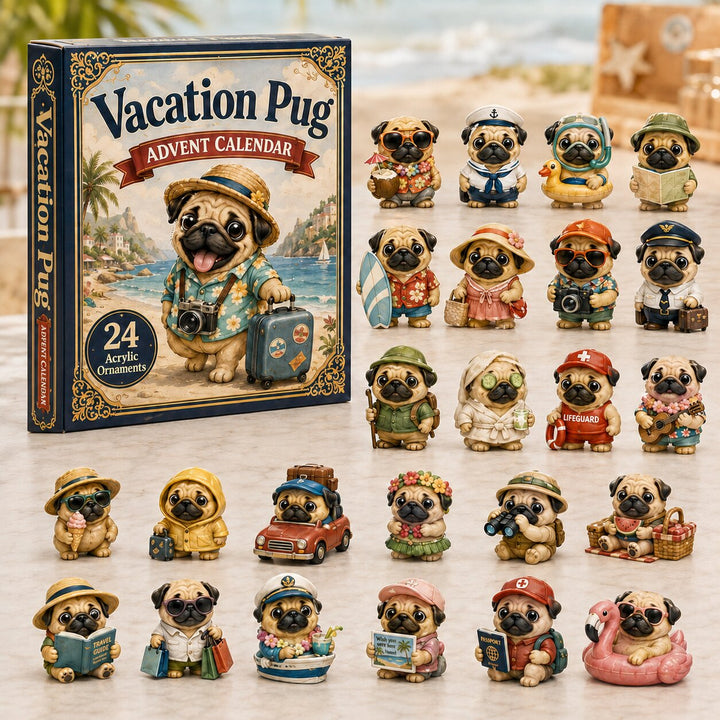 CHRISTMAS KICKOFF 40% OFF - Vacation Pug Advent Calendar 2026 - 24-Day Festive Countdown, Acrylic Charms Blind Box - Gift For Dog Lovers