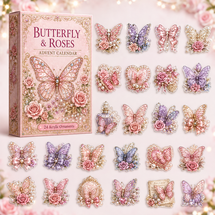 CHRISTMAS KICKOFF 40% OFF - Butterfly & Rose Advent Calendar 2026 - 24-Day Festive Countdown, Acrylic Charms Blind Box - Gift For Aminal Lovers