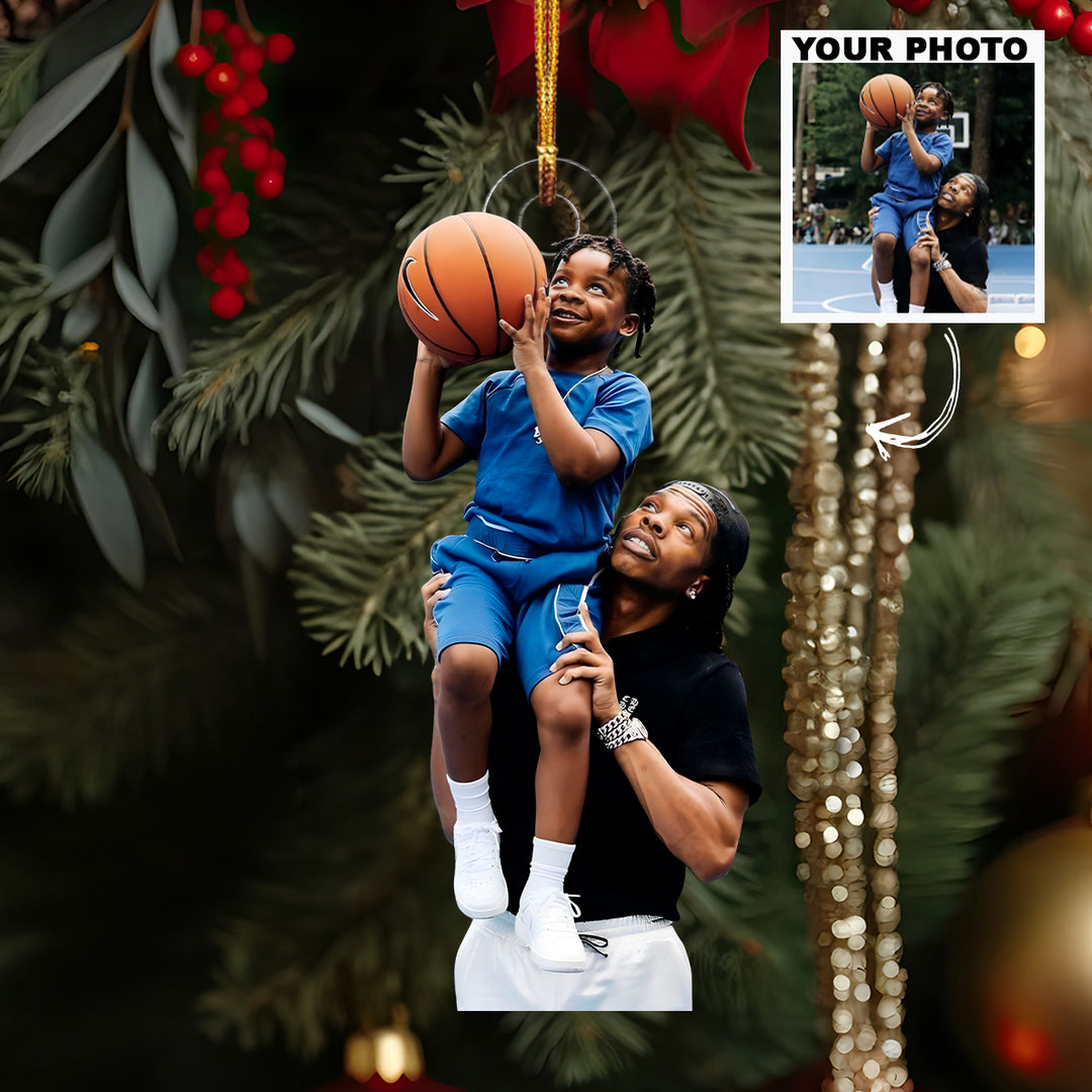 Dad & Son Hoop Dream - Personalized Photo Mica Ornament - Christmas Gift For Family Members, Kids, Basketball Lovers