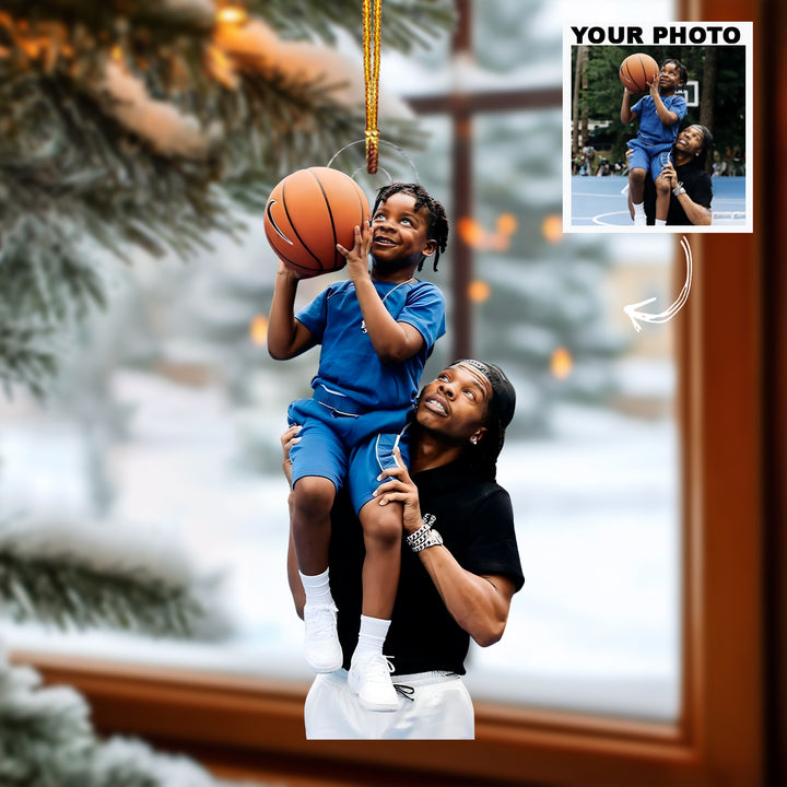 Dad & Son Hoop Dream - Personalized Photo Mica Ornament - Christmas Gift For Family Members, Kids, Basketball Lovers