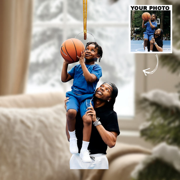 Dad & Son Hoop Dream - Personalized Photo Mica Ornament - Christmas Gift For Family Members, Kids, Basketball Lovers