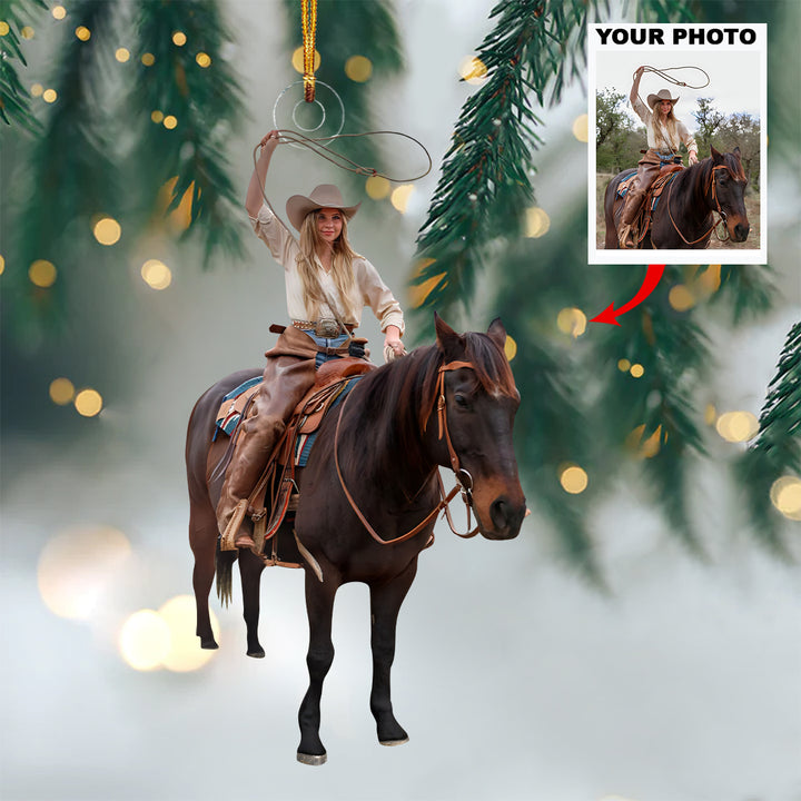 Blonde Rider with Lasso - Personalized Photo Mica Ornament - Christmas Gift For Country Girls