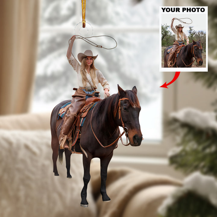 Blonde Rider with Lasso - Personalized Photo Mica Ornament - Christmas Gift For Country Girls