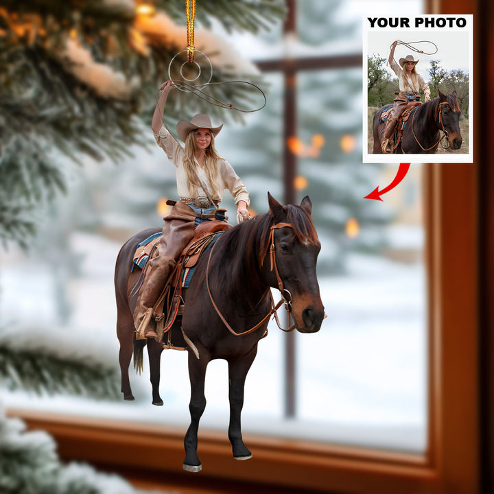 Blonde Rider with Lasso - Personalized Photo Mica Ornament - Christmas Gift For Country Girls