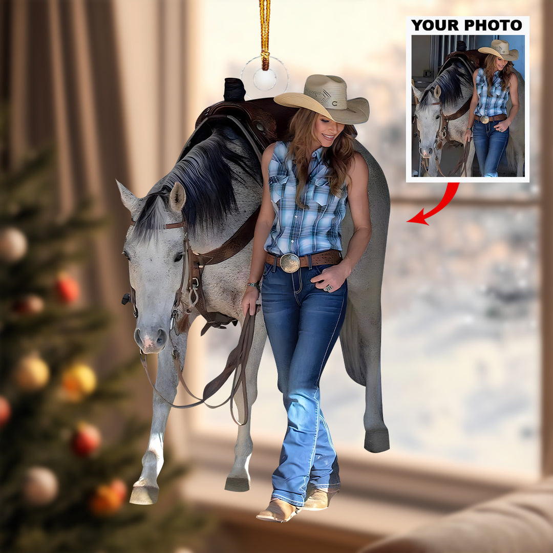 Girl With Gray Horse - Personalized Photo Mica Ornament - Christmas Gift For Country Girls