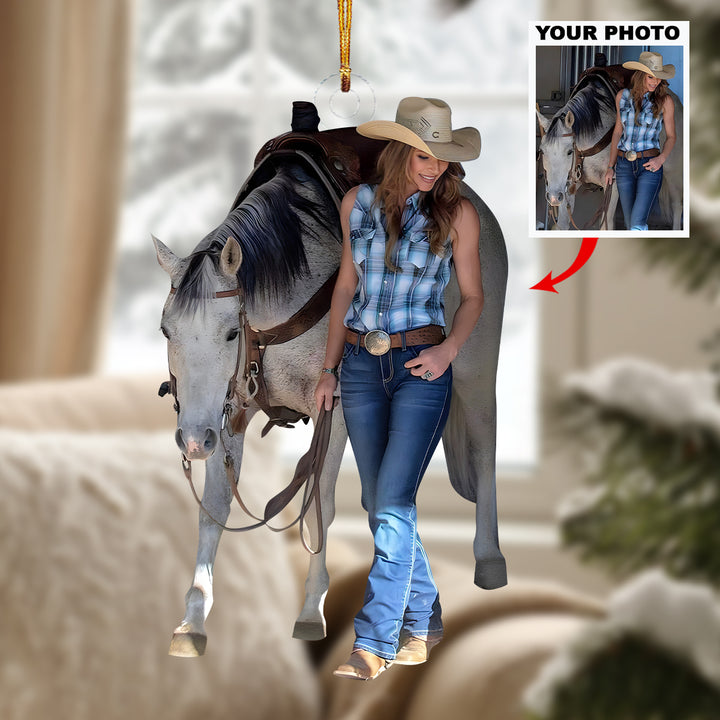 Girl With Gray Horse - Personalized Photo Mica Ornament - Christmas Gift For Country Girls