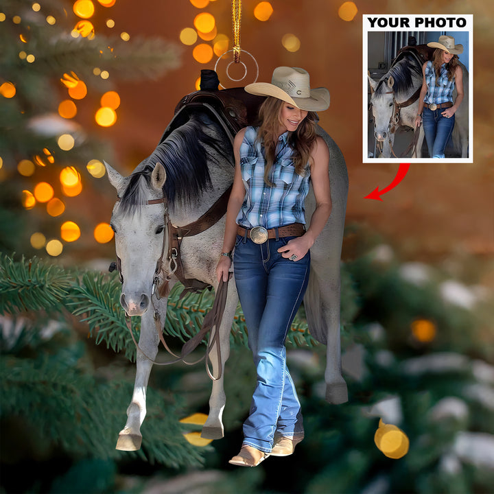 Girl With Gray Horse - Personalized Photo Mica Ornament - Christmas Gift For Country Girls