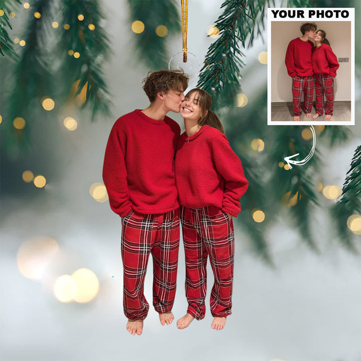 Red Plaid Romance - Personalized Photo Mica Ornament - Christmas Gift For Friends, Couples, Family Members