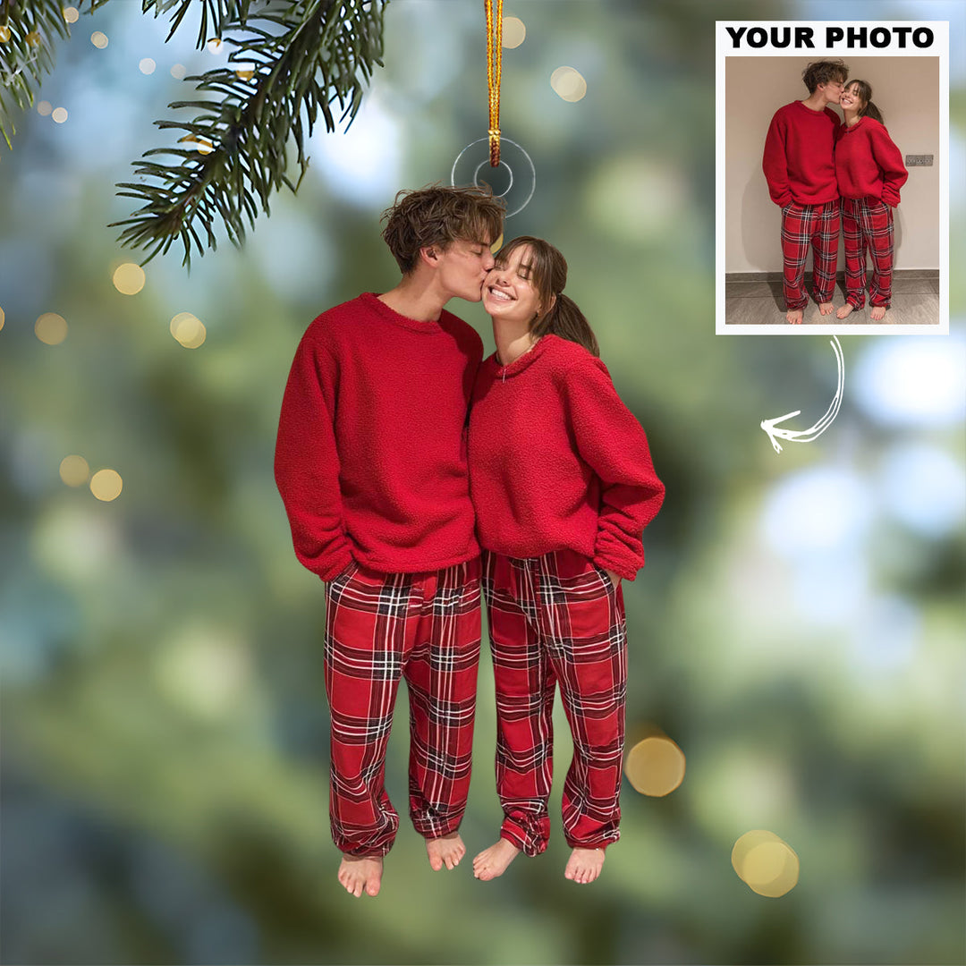 Red Plaid Romance - Personalized Photo Mica Ornament - Christmas Gift For Friends, Couples, Family Members