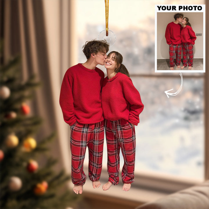 Red Plaid Romance - Personalized Photo Mica Ornament - Christmas Gift For Friends, Couples, Family Members