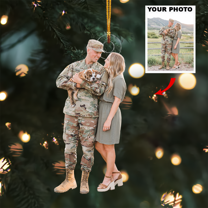 Our Love Is Military Strong - Personalized Custom Photo Mica Ornament - Christmas Gift For Couple, Veteran, Wife, Husband, Family, Family Members