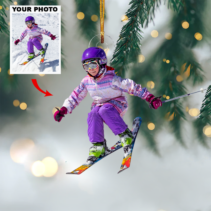 Family Play Under The Snow - Personalized Custom Photo Mica Ornament - Christmas Gift For Family, Family Members, Skiing Lover