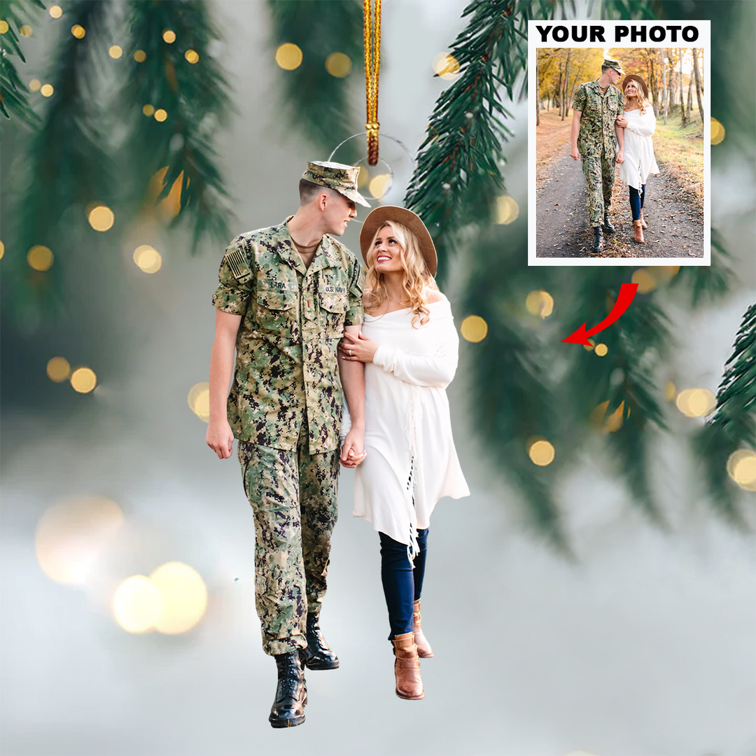 Our Love Is Military Strong - Personalized Custom Photo Mica Ornament - Christmas Gift For Couple, Veteran, Wife, Husband, Family, Family Members