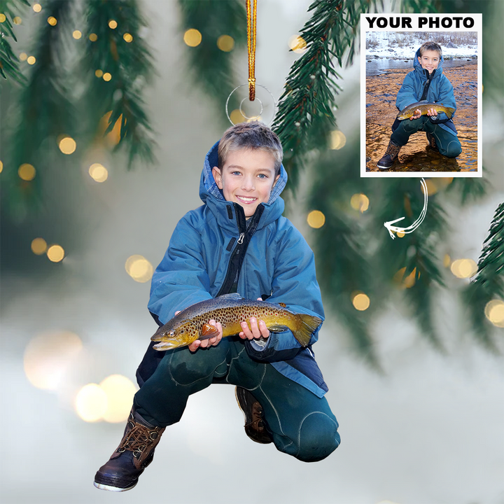 Kid Fishing Ornament - Personalized Custom Photo Mica Ornament - Christmas Gift For Fishing Lovers, Family Members, Kids