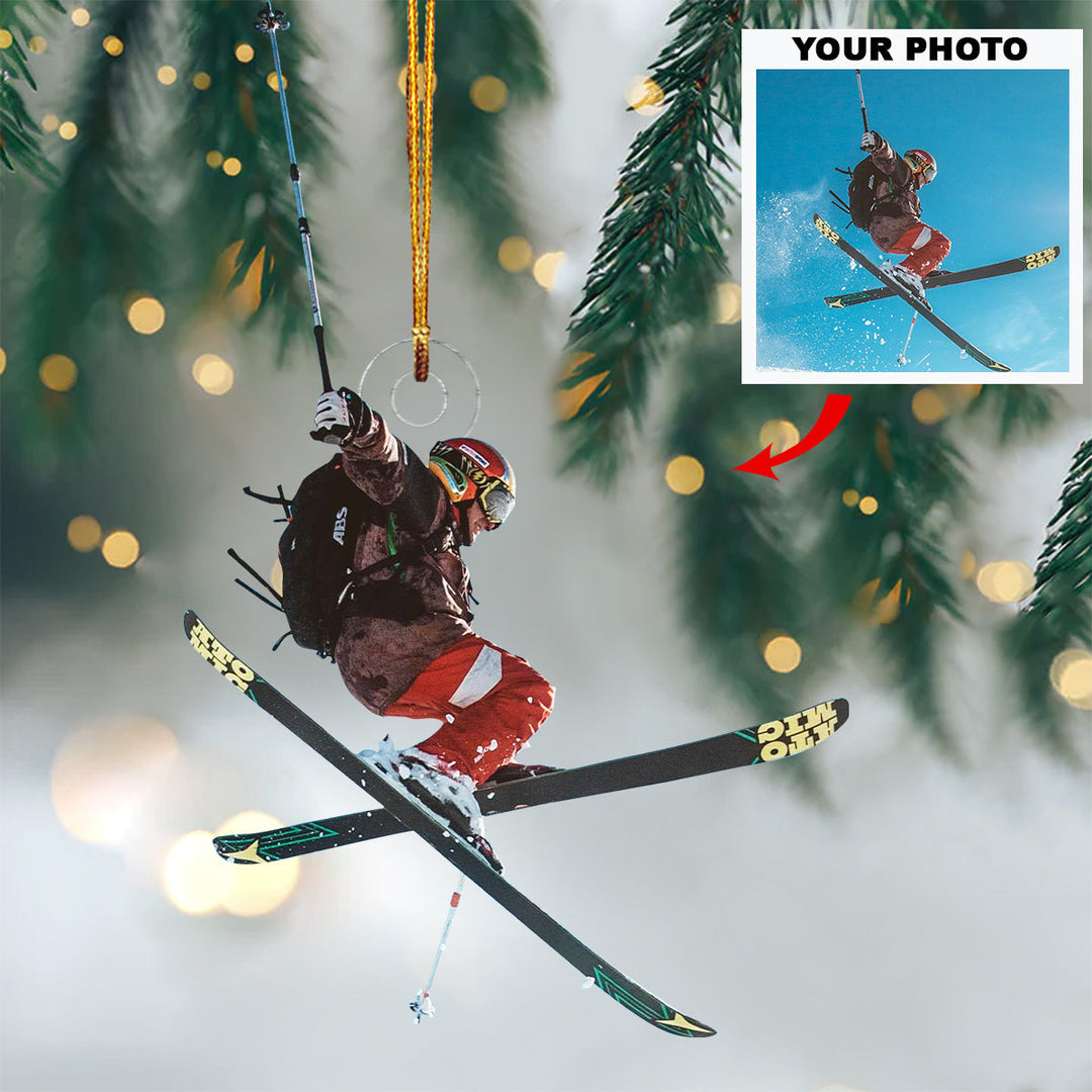 Happiness Is First Tracks In Fresh Snow - Personalized Photo Mica Ornament - Christmas Gift For Family, Family Members, Skiing Lover