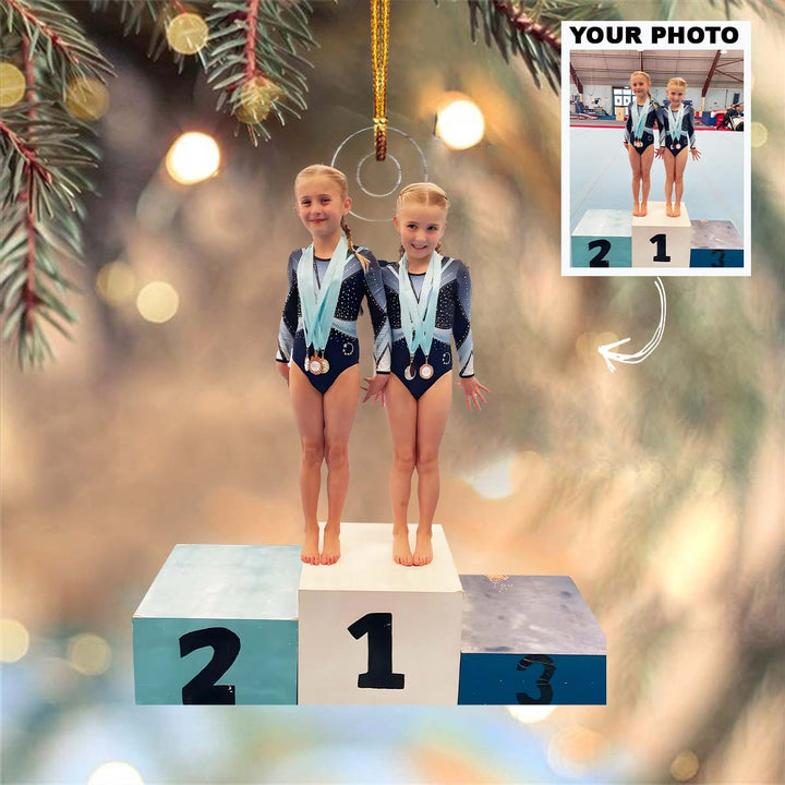 Twin Champions Podium - Personalized Photo Mica Ornament - Christmas Gift For Kids, Family Members
