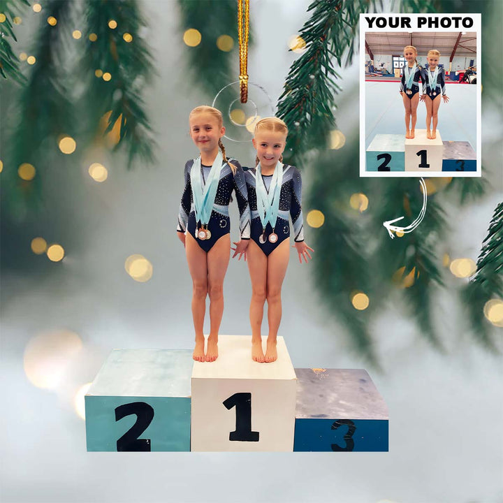 Twin Champions Podium - Personalized Photo Mica Ornament - Christmas Gift For Kids, Family Members