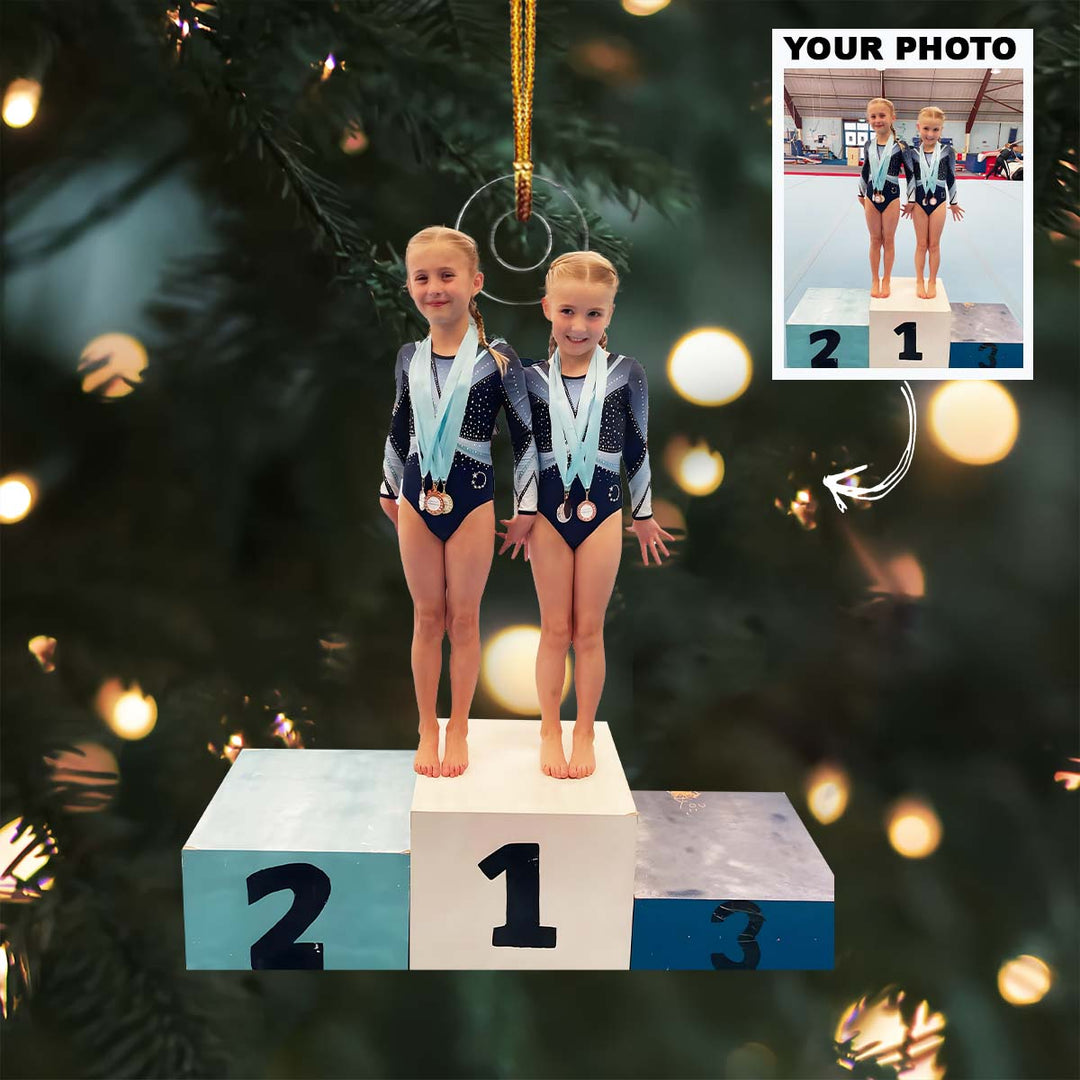 Twin Champions Podium - Personalized Photo Mica Ornament - Christmas Gift For Kids, Family Members